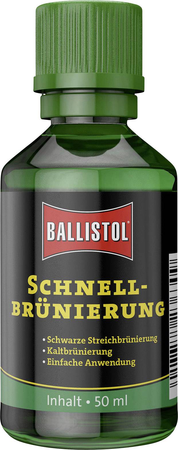 Bottiglia verde con etichetta 'Ballistol Schwarzbrünierung'. Contiene 50 ml. Per brunitura nera mediante brunitura a freddo, applicazione semplice.