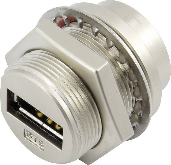 Una porta USB argentata in un involucro metallico, generalmente utilizzata per il montaggio su pannelli, con diversi pin di contatto visibili.