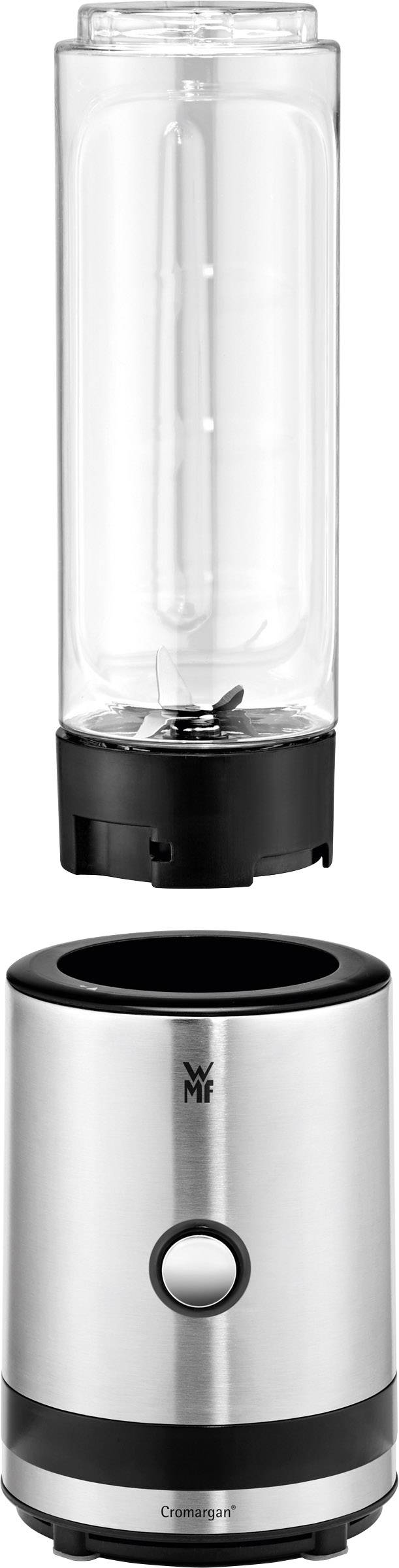 Frullatore portatile con bottiglia estraibile e base argentata. Ideale per smoothie e frullati da gustare in movimento.