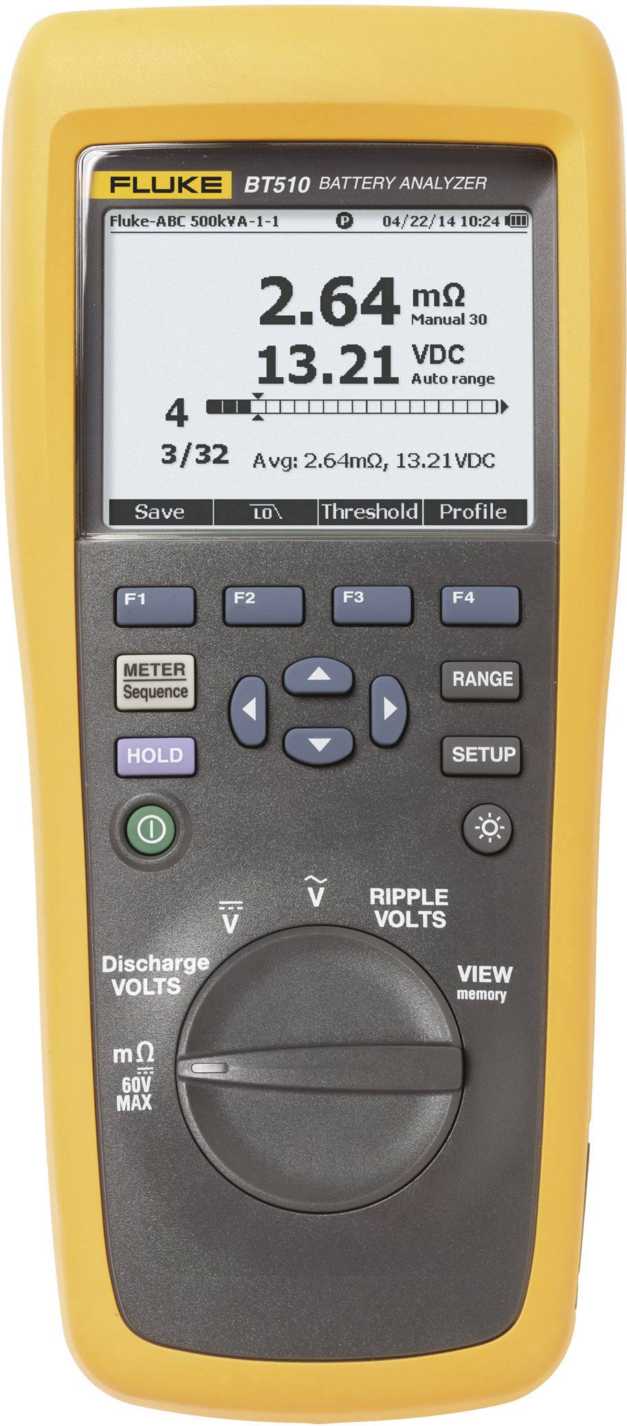 Fluke BT510 Analizzatore di Batterie con display digitale mostra resistenza 2,64 mΩ e tensione 13,21 VDC. Tasti per diverse funzioni.