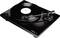 Giradischi con custodia nera e vinile, ago sul disco, design moderno, superficie lucida.