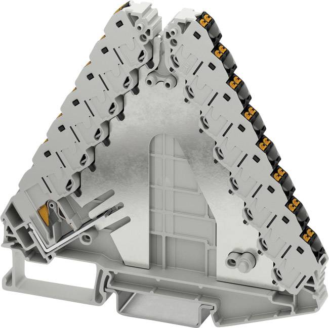 Blocco distributore elettrico a forma triangolare con molteplici connessioni, grigio e arancione, per l'organizzazione dei collegamenti dei cavi.