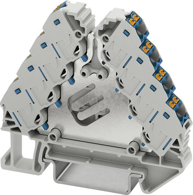 Un blocco di distribuzione elettrica grigio e triangolare con diverse morsettiere blu e arancioni su un piedistallo metallico.