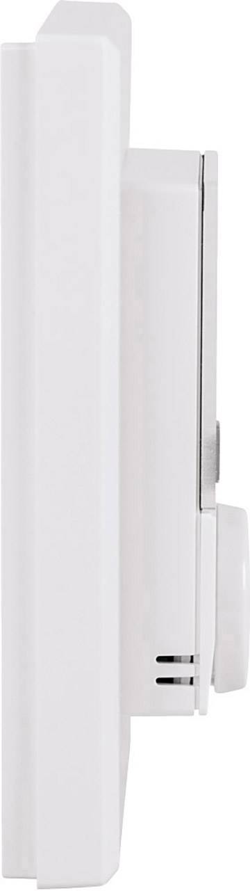 Vista laterale di un dispositivo elettrico bianco, rettangolare, con dettagli minimi e design piatto.