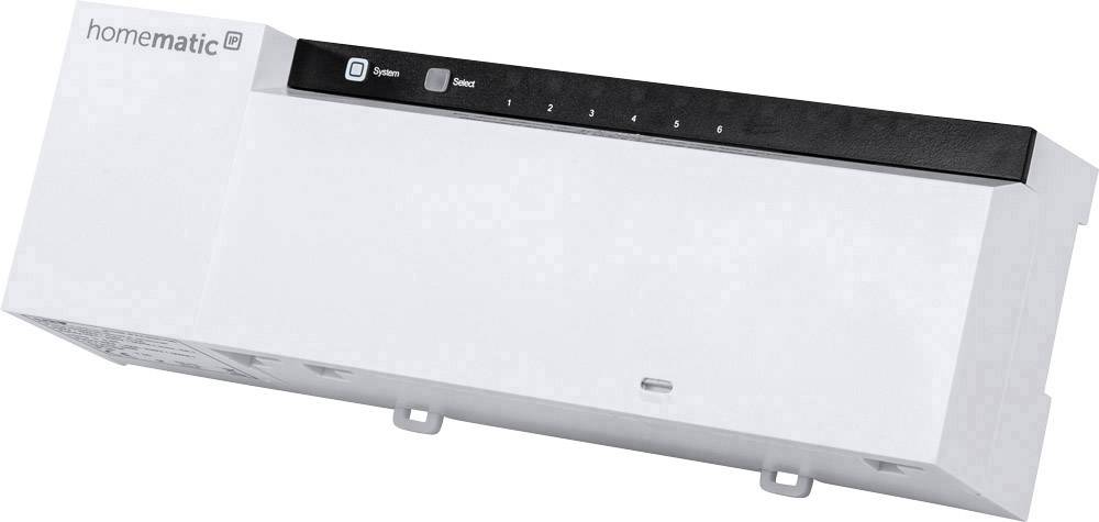 Dispositivo bianco rettangolare con logo 'homematic' in alto a sinistra, con una barra nera contenente indicatori LED e pulsanti per il controllo.