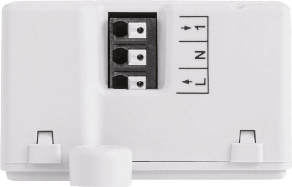 Un dispositivo elettrico bianco con tre morsetti, etichettati con 'L', 'N' e un simbolo di freccia.