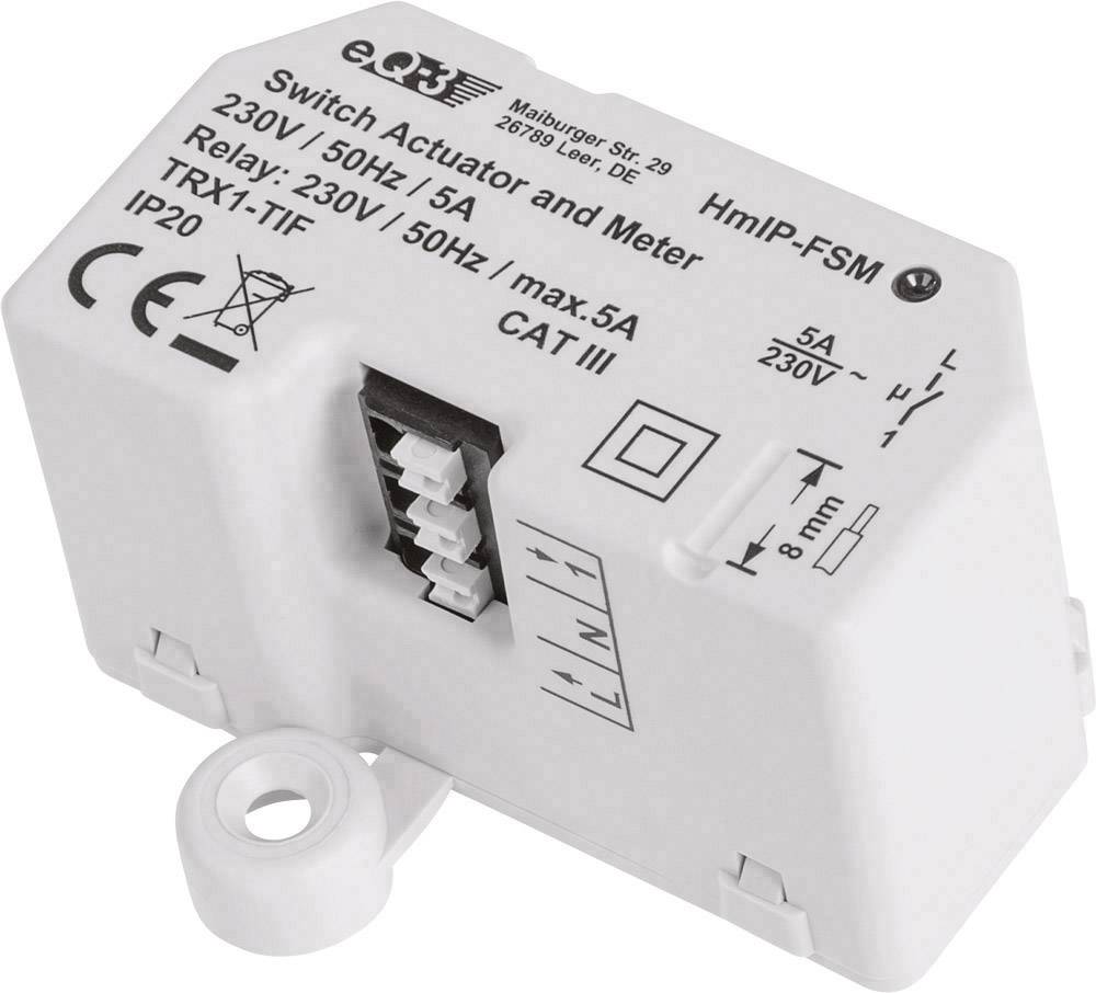 'Dispositivo bianco di commutazione e misurazione con connessioni e etichettature per 230V/50Hz, 5A. Adatto per ambienti interni, grado di protezione IP20.'