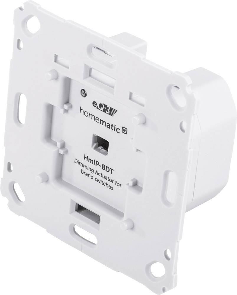 Dispositivo quadrato bianco con incavo centrale, con etichetta 'HmIP-BDT Attuatore dimmer per interruttori di marca'.