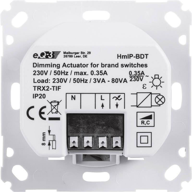 'Attuatore dimmer per interruttore di marca, 230V/50Hz, max. 0,35A. Morsetti di connessione e schema di cablaggio illustrati.'