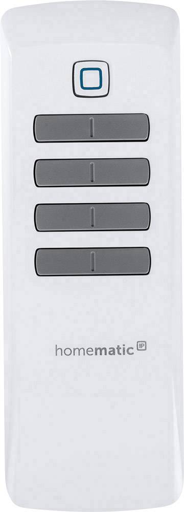 Telecomando bianco con cinque tasti, di cui quattro disposti in una riga. Sopra di essi un pulsante quadrato. Il marchio 'Homematic IP' è visibile.