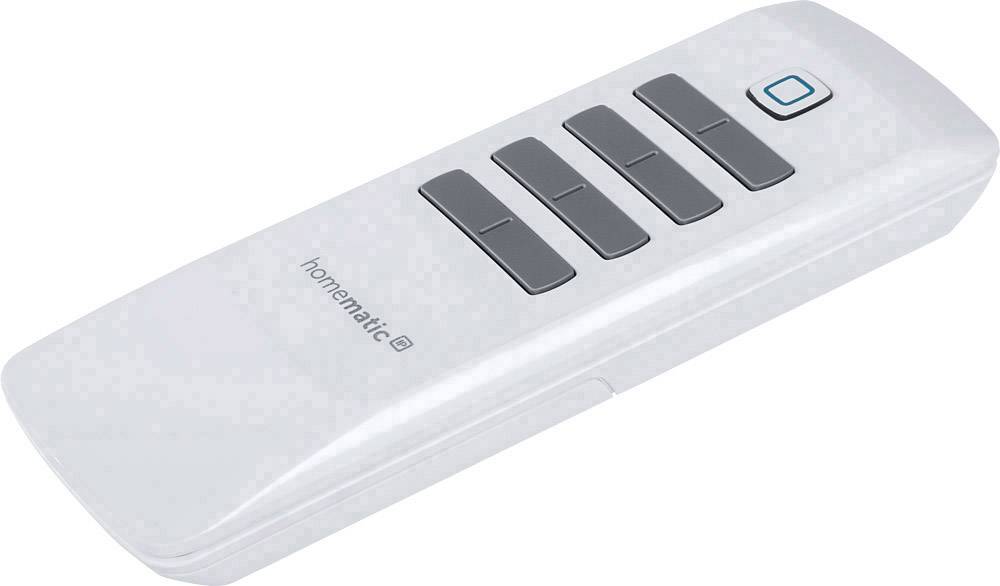 Telecomando bianco con cinque tasti neri, adatto per l'automazione domestica.
