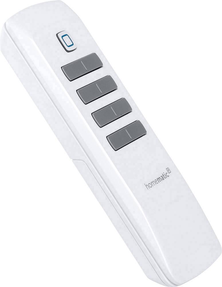 Telecomando bianco con quattro tasti neri e logo Homematic, utilizzato per il controllo di dispositivi domotici.