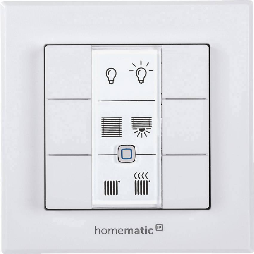 Interruttori per luci e tapparelle con simboli per illuminazione, tapparelle e riscaldamento. Tasto principale al centro. Contrassegnato con 'homematic IP'.