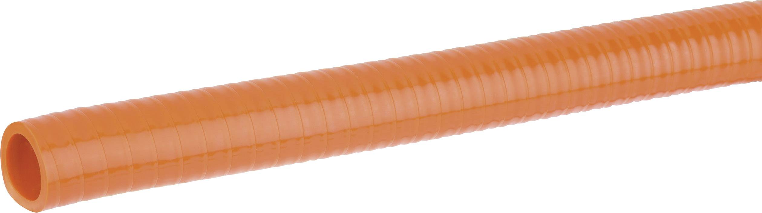 Un tubo di plastica arancione, scanalato, orientato orizzontalmente.