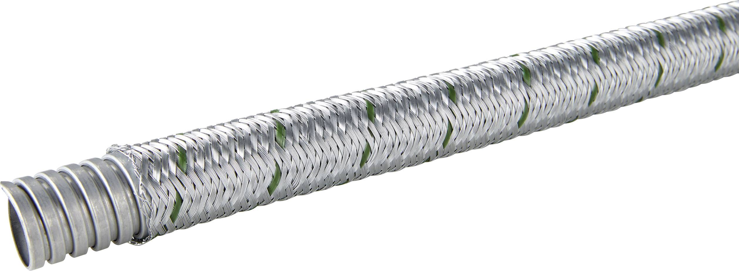 Un tubo flessibile metallico argentato, comunemente utilizzato negli impianti idraulici.