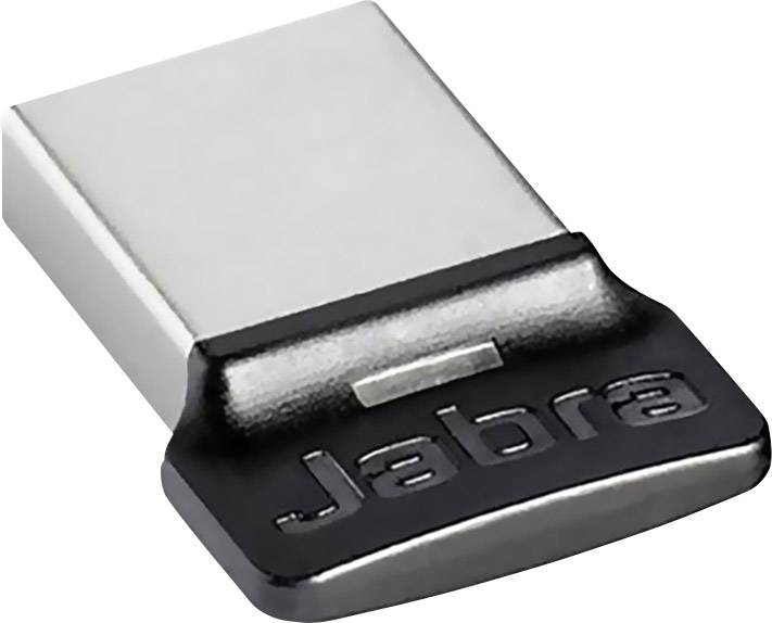 Un piccolo dongle USB nero e argento con la scritta 'Jabra', utilizzato per la connessione wireless dei dispositivi.