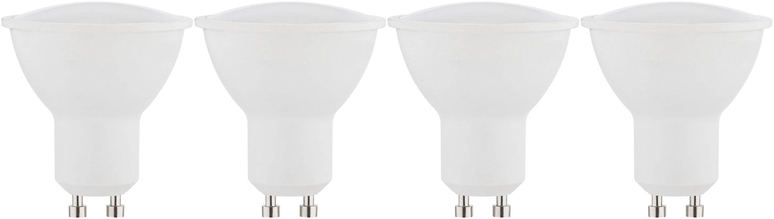 Quattro lampadine LED bianche con attacchi GU10 disposte in fila una accanto all'altra.