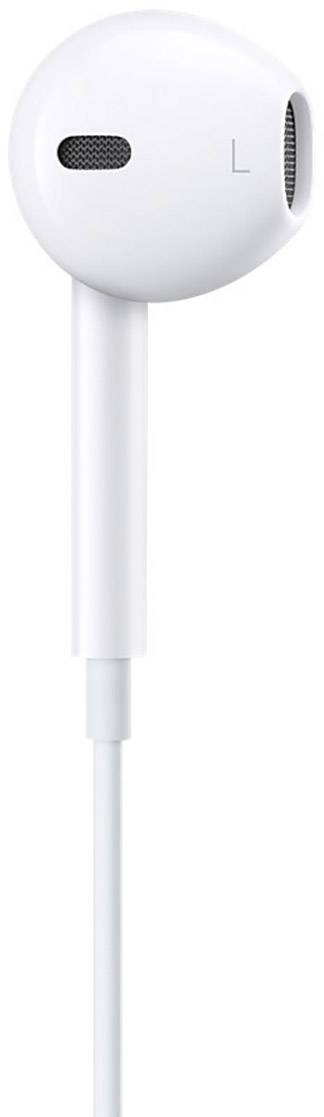 Un singolo auricolare bianco con un cavo, contrassegnato con una 'L' per sinistra, mostra la sua griglia dell'altoparlante e l'apertura del microfono.