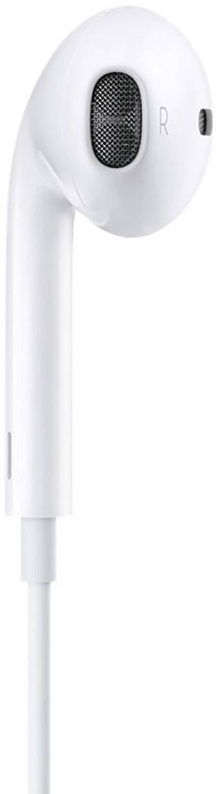 Un singolo auricolare bianco con cavo, fotografato in modo obliquo verso l'alto.