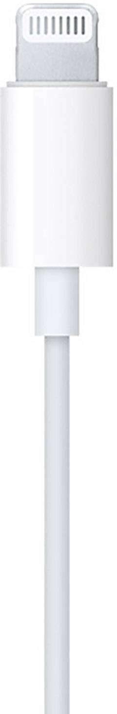 Un cavo Lightning bianco per dispositivi Apple con un connettore USB e una spina Lightning; utilizzato per la ricarica e il trasferimento dati.