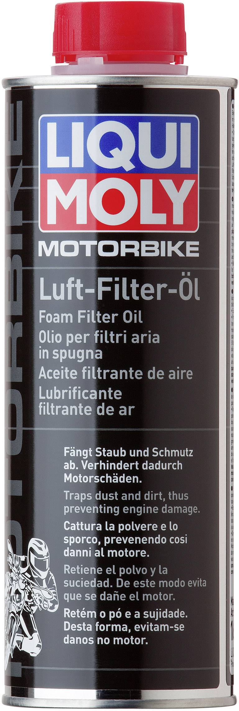 Dose Liqui Moly Olio per filtro dell'aria per motociclette, con istruzioni d'uso in più lingue. Contiene olio per filtri a schiuma per la manutenzione del motore.