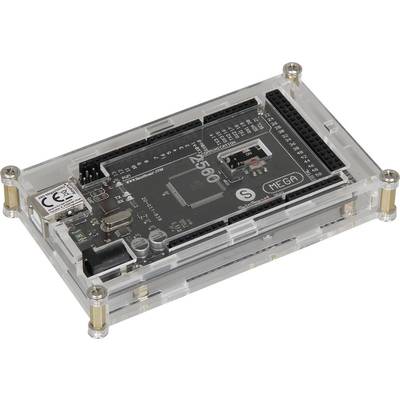 Scheda microcontrollore in un involucro trasparente. Mostra il numero del modello e le possibili connessioni per progetti elettronici.