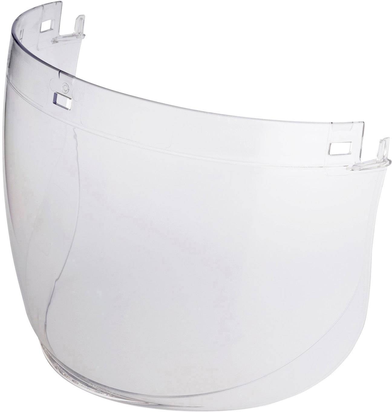 Un visore trasparente e curvo, adatto a un casco. Presenta punti di fissaggio superiori per l'attacco all'equipaggiamento protettivo.