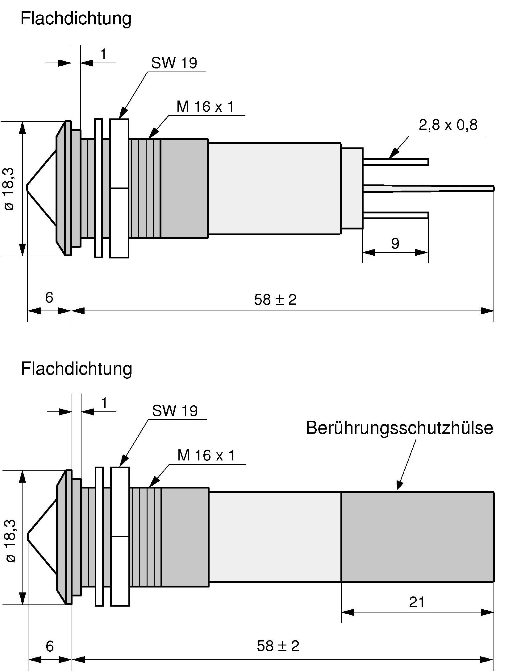 Disegno tecnico di due pulsanti a pressione. In alto: Connettore con filettatura M 16 x 1, lunghezza 58 ± 2 mm, con guarnizione piana. In basso: Connettore simile con manicotto di protezione dal contatto aggiuntivo.