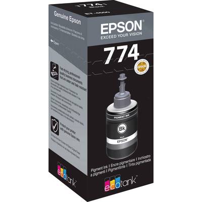Una bottiglia di inchiostro nero Epson 774 per stampanti EcoTank, adatta per l'asciugatura rapida e la qualità professionale.