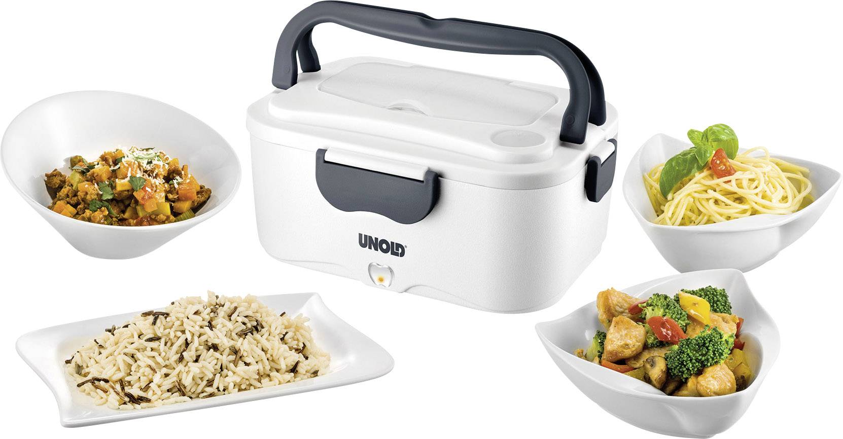 Lunch box portatile con manico centrale, circondato da contenitori con diversi piatti: verdure, spaghetti, riso e pollo con broccoli.