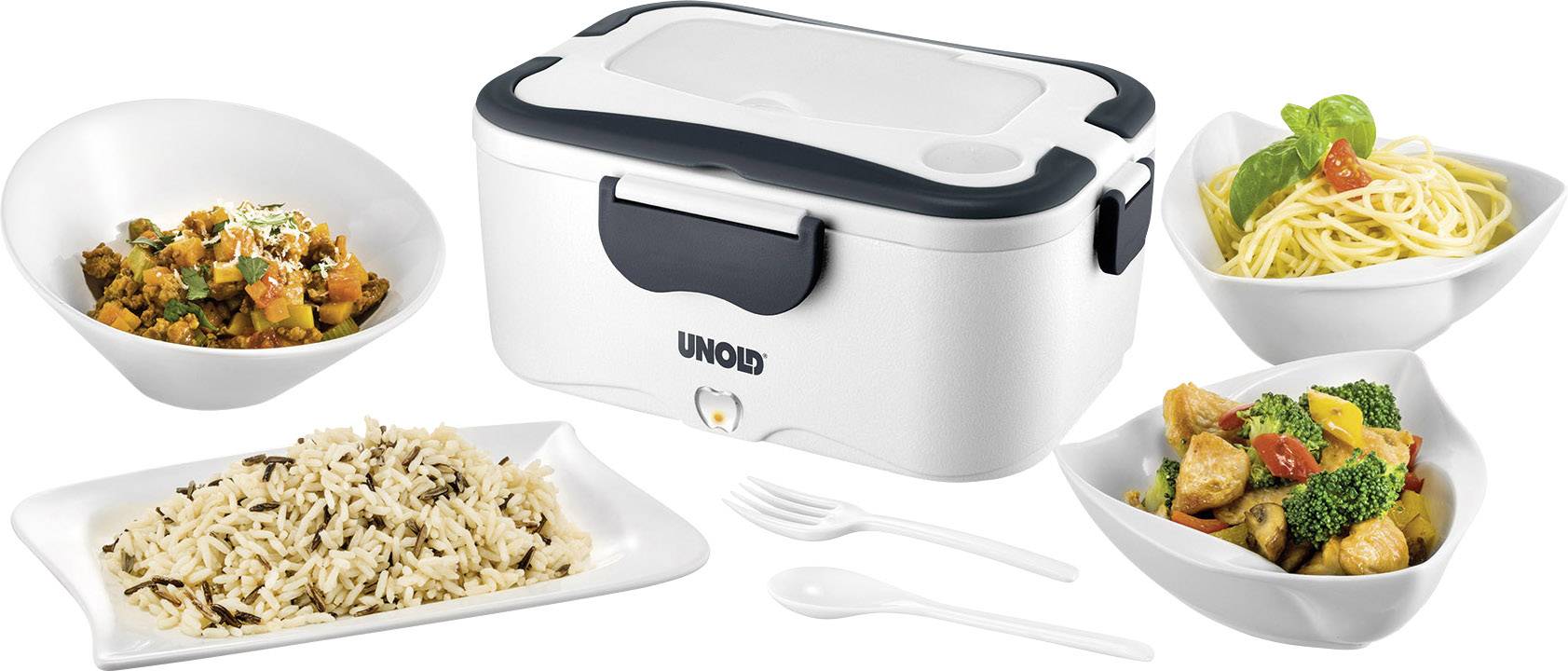 Un contenitore elettrico per il pranzo con due scomparti removibili, circondato da verdure miste, spaghetti, pollo con broccoli e riso.