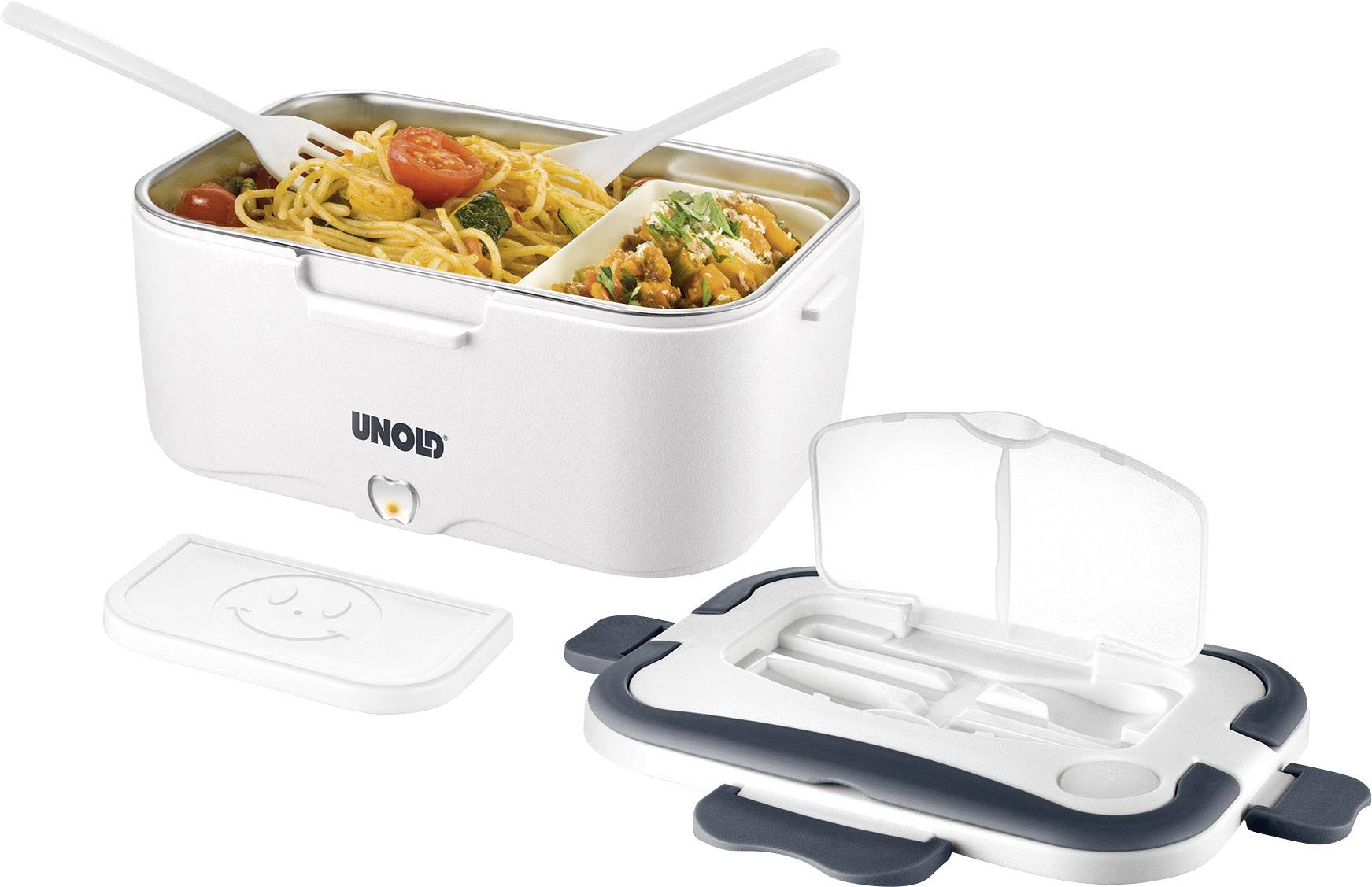 Contenitore per il pranzo elettrico bianco con un piatto di pasta caldo. Il coperchio aperto mostra un comparto integrato per le posate.