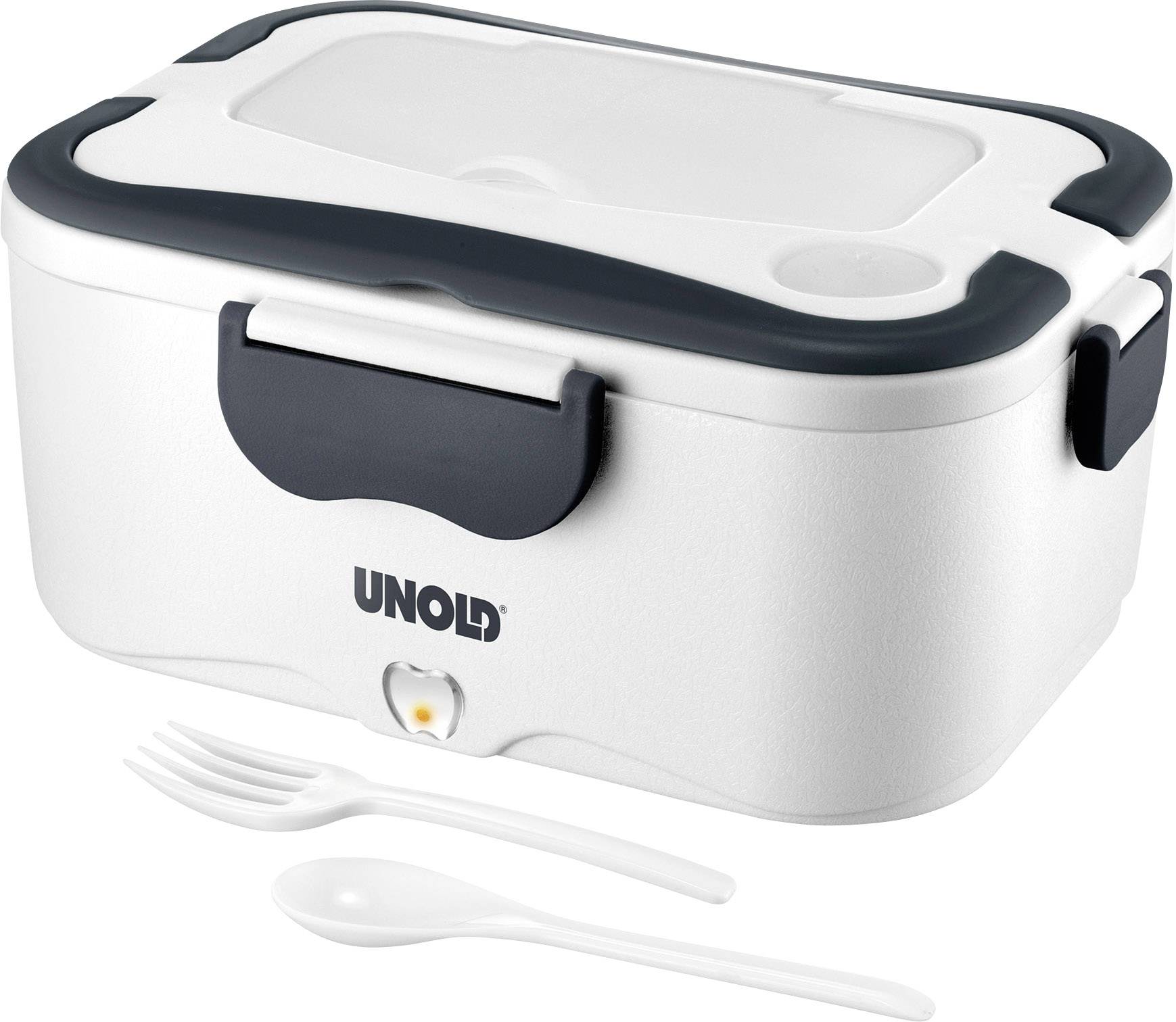 Un contenitore elettrico per il pranzo bianco di Unold con accenti scuri, comprensivo di scomparto per le posate integrate, forchetta e cucchiaio illustrati.