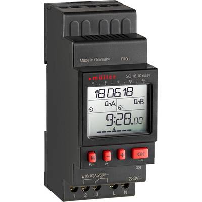 Interruttore temporale digitale con un display che mostra data e ora. Sotto di esso sono presenti quattro tasti contrassegnati con 'OK' e frecce direzionali.