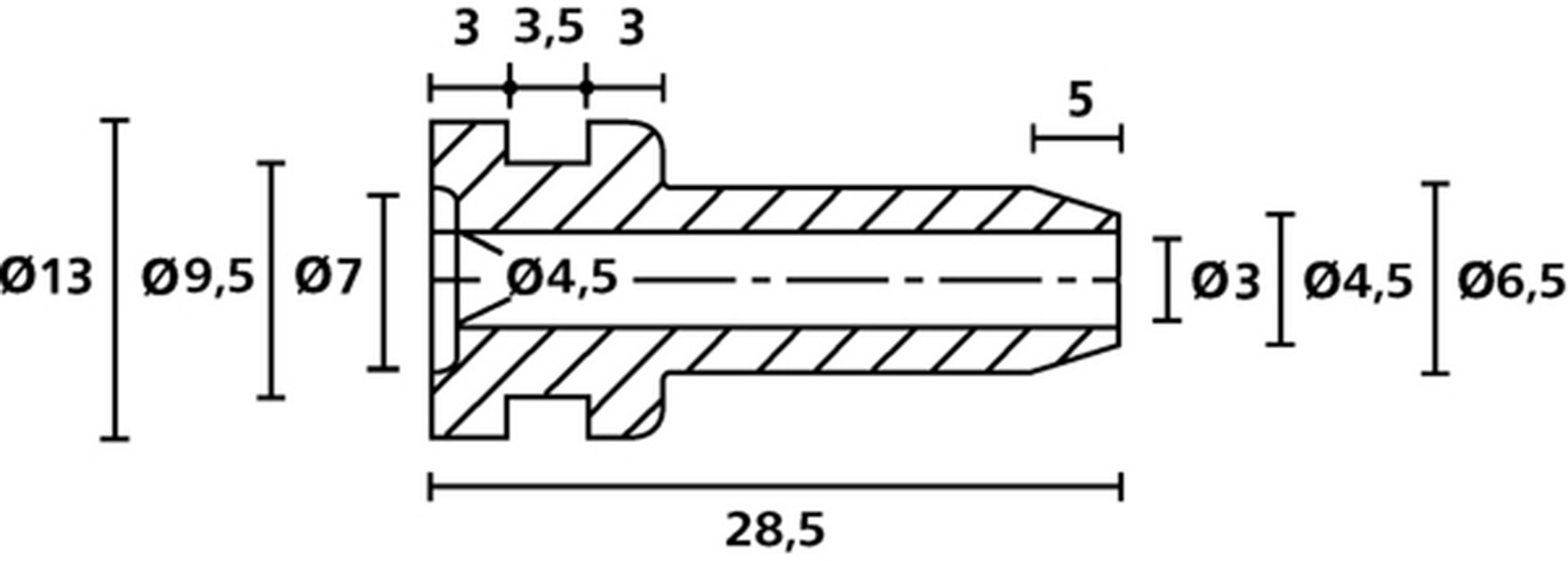 Disegno tecnico di un componente con quotature: diametro e lunghezze sono indicate, foro centrale ø4,5 mm.