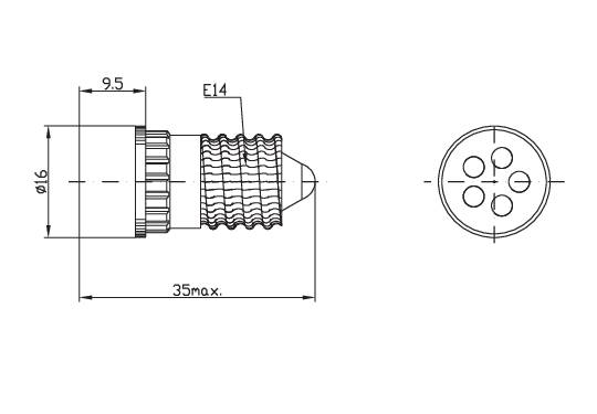 Disegno tecnico di un portalampada E14 con dimensioni: diametro di 9,5 mm e lunghezza massima di 35 mm, vista dall'alto e vista laterale.