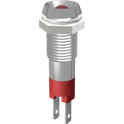 Un pulsante rotondo in metallo con un segno rosso sul bordo inferiore e due piedini di connessione, probabilmente un componente elettrico.