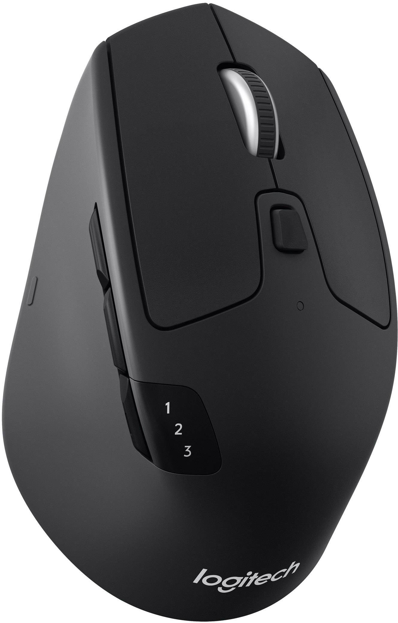 Un mouse per computer nero wireless con tre tasti laterali e una rotella di scorrimento.