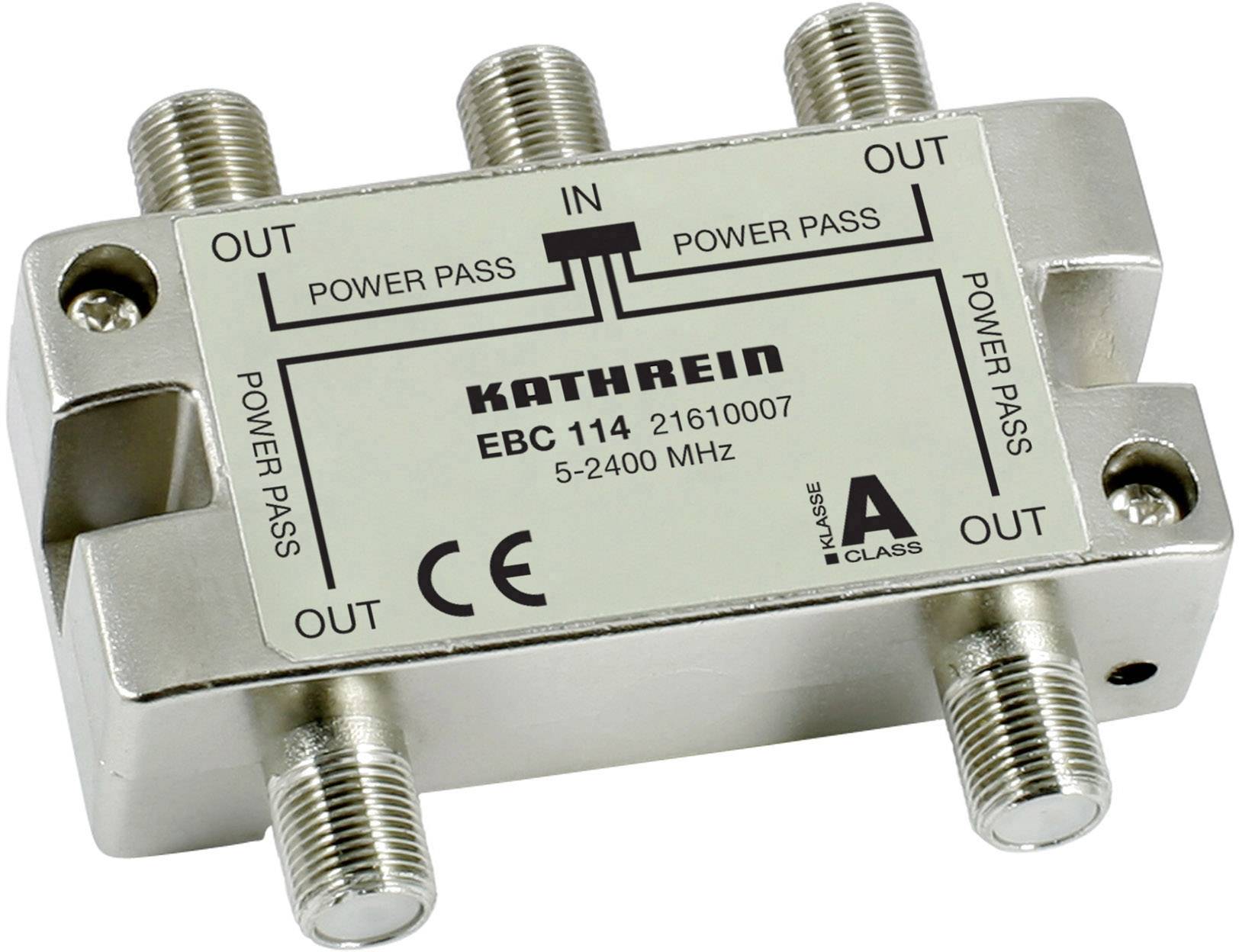 Distributore coassiale a quattro porte, contrassegnato con 'POWER PASS' e 'IN'. Etichetta sulla parte superiore riporta 'KATHREIN EBC 114'.