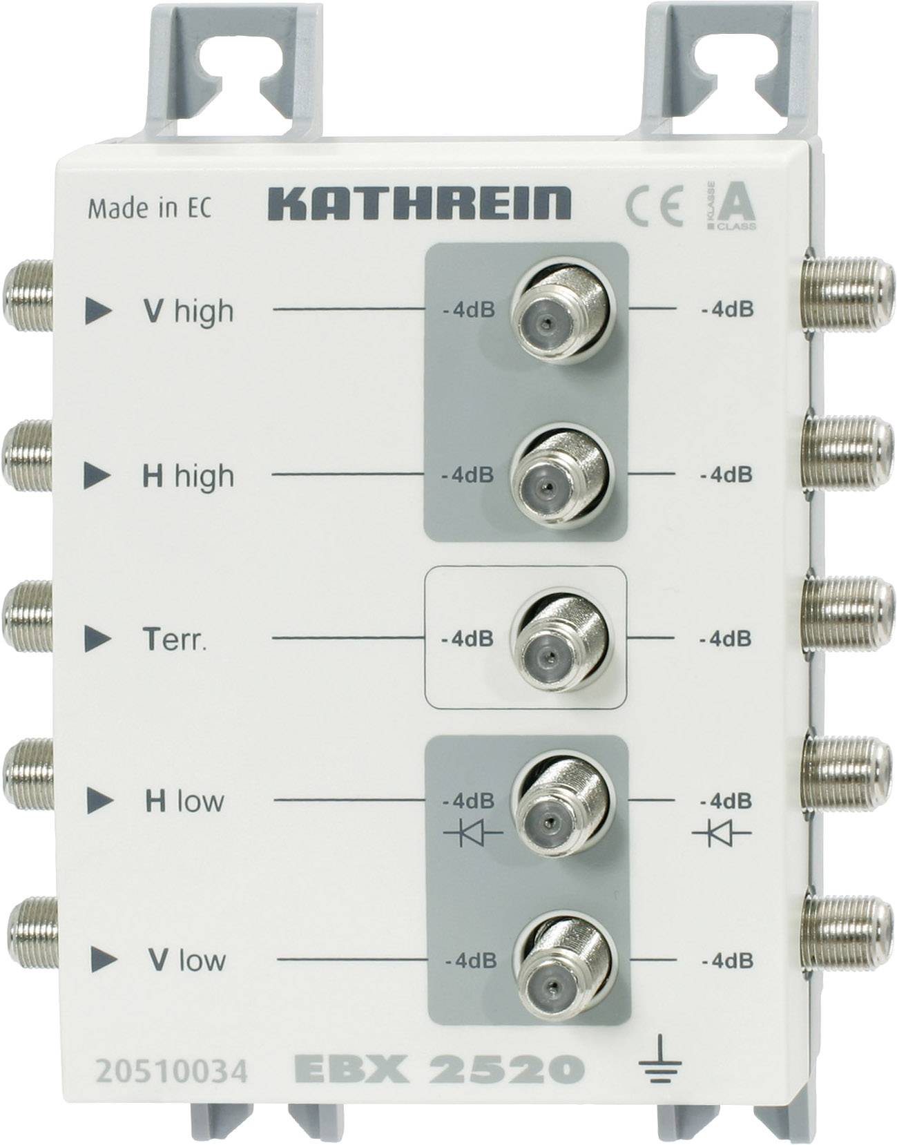 Componente elettronica con diversi morsetti di connessione, contrassegnati con 'V high', 'Terr', 'H low'. Produttore: 'KATHREIN'.