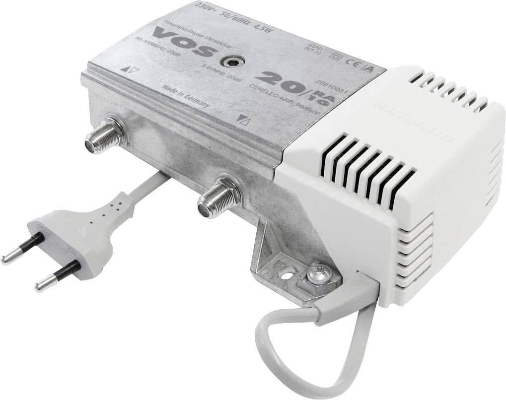 Amplificatore elettronico con connettori coassiali duali e cavo di alimentazione. Adatto per l'amplificazione di segnali televisivi.