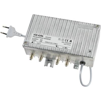 Un amplificatore di connessione domestica in metallo con quattro connettori coassiali e un cavo di alimentazione a sinistra. Sul chassis sono riportate le specifiche tecniche.