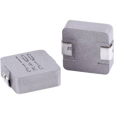 Due componenti elettronici argentati di forma quadrata con piccoli attacchi metallici sui lati, uno con la scritta '100 141 CKC'.