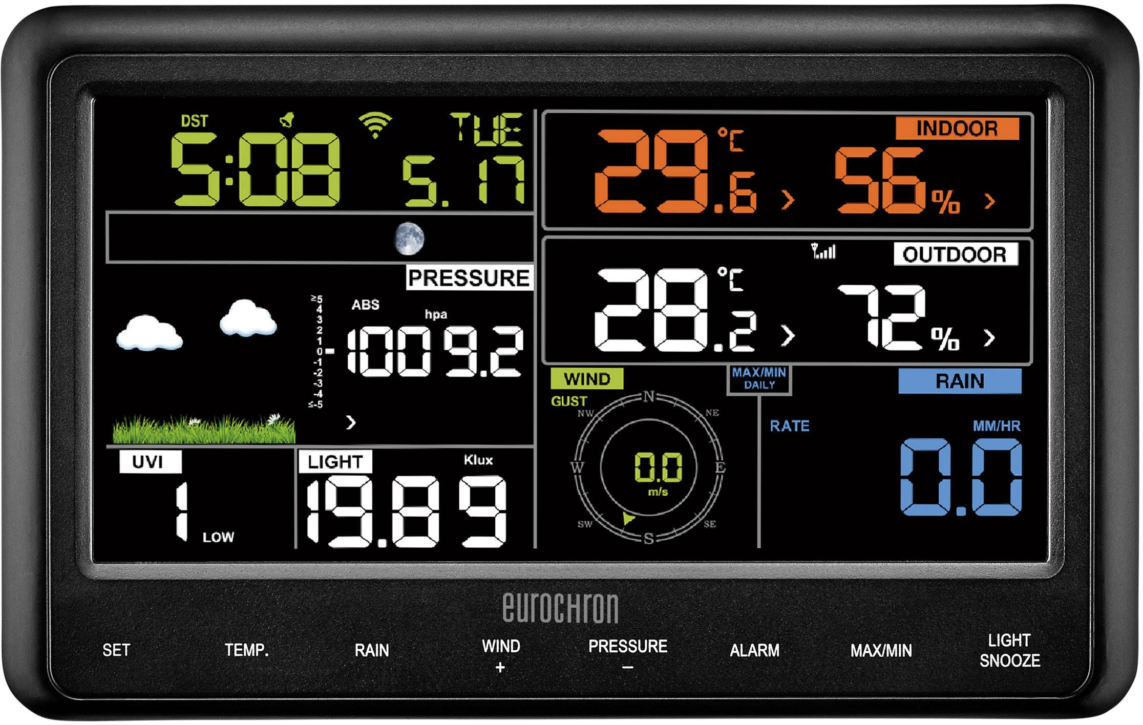Display di stazione meteorologica digitale con ora, data, temperatura interna ed esterna, umidità, pressione atmosferica, velocità del vento, indice UV e quantità di pioggia.
