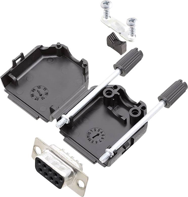Parti di un involucro per connettore seriale DB9 in plastica, compresi due metà dell'involucro, due viti e un connettore.