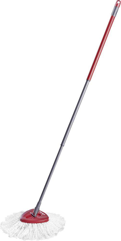 Mocio con manico rosso e grigio, con frange rotonde bianche in basso per la pulizia dei pavimenti.