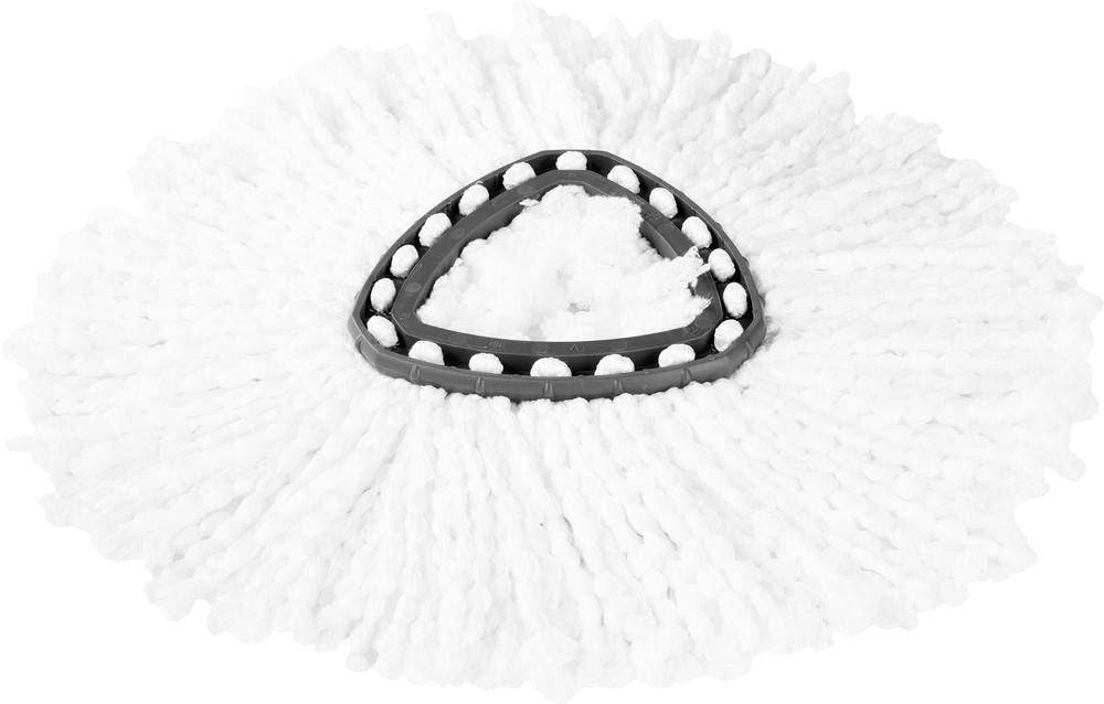 Testina di ricambio per mocio bianca e rotonda, con supporto triangolare in plastica al centro, adatta per la pulizia di diversi tipi di pavimentazione.