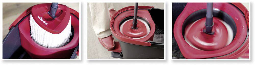 Tre immagini di un sistema di pulizia rosso-nero: il mop nel secchio, il pedale aziona lo strizzatore, il mop viene strizzato.