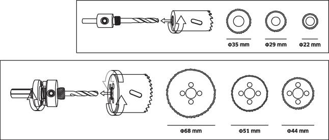 Disegno di testine per seghe a tazza in diverse dimensioni, con e senza supporto; indicazioni di misura: Ø32 mm, Ø51 mm, Ø68 mm.