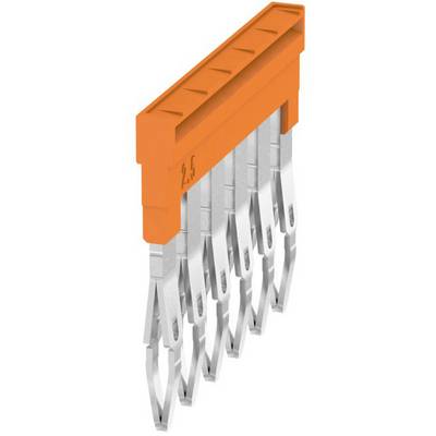 Striscia di contatti con sette contatti argentati e blocco isolante arancione. Il blocco è contrassegnato con '2.5'. Utilizzata per connessioni elettriche.